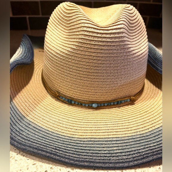 Straw Natural Ombré Blue Beach Beaded Sun Cowboy Hat - Picture 2 of 6